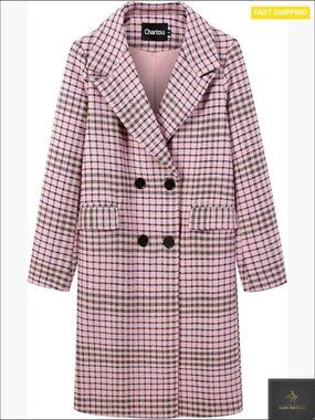 Oversize Plaid Double Breasted Long Peacoat Jacket Winter Wool Blend